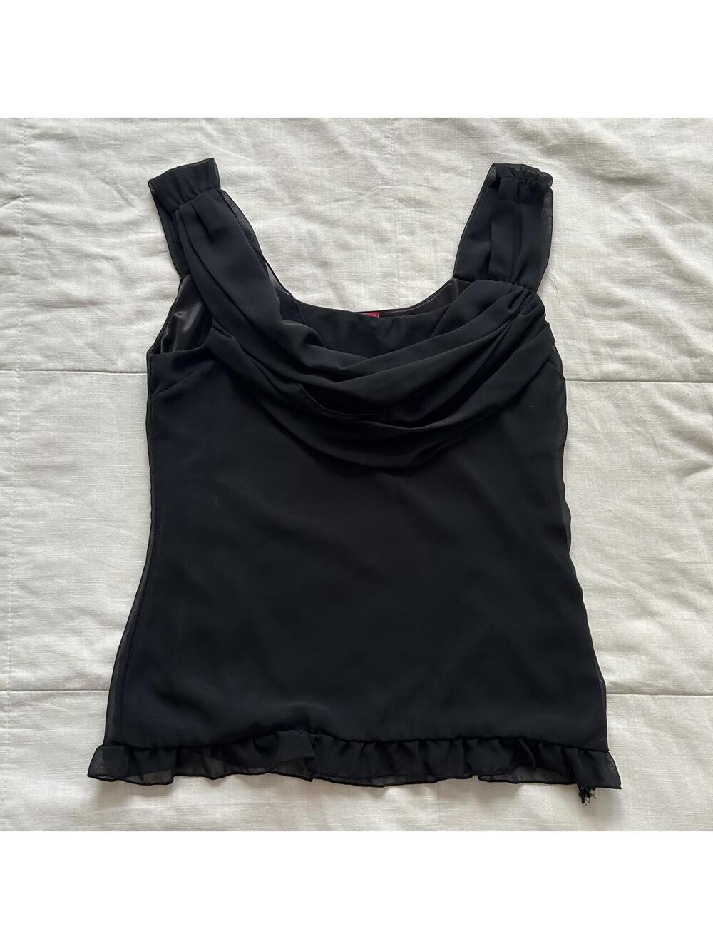 Pinky Girls Black Cowl Neck Camisole Top Ruffle Hem Y2K Size XS Japan